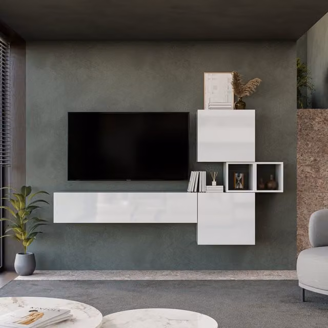 Decorotika Sabadell Modern Wall Mounted Entertainment Center in High Gloss White and Black