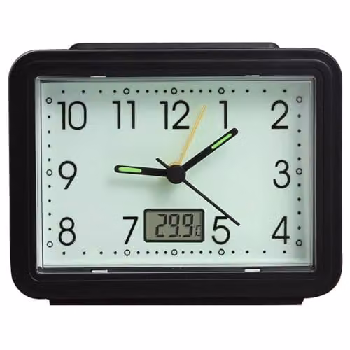 mysmartbuy Set of 2 Black Analogue Alarm Clocks with Temperature Reading and Glow in the Dark Face, H8.5 x W11 x D4.5 cm – 1