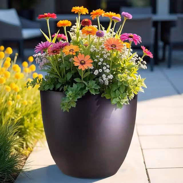 Idealist Set of 3 Round Outdoor Plant Pots in Black Ceramic and Concrete
