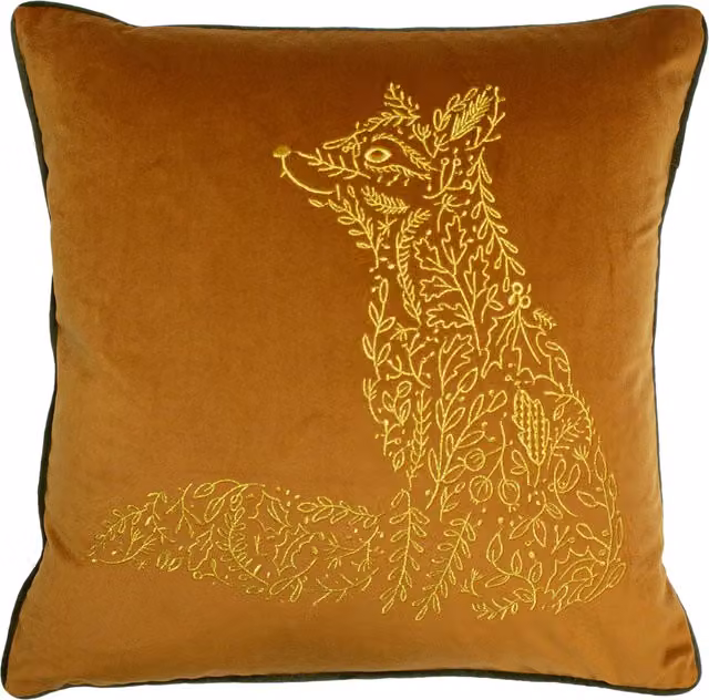 Make it a Home Forest Fauna Fox Velvet Piped Square Cushion in Rust and Gold with Feather Filling
