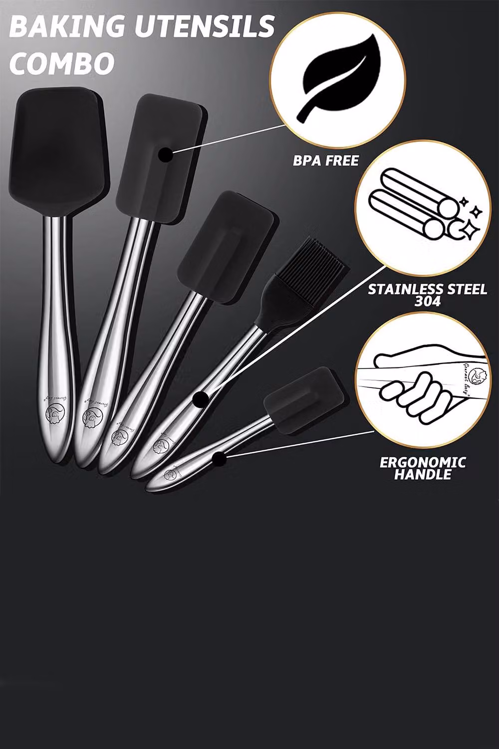 Gourmet Easy 5 Piece Black Silicone Spatula Set with Stainless Steel Handles – 3
