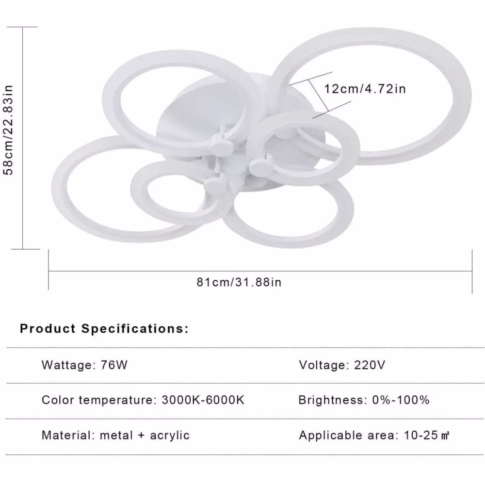 COMELY Modern 6-Ring Dimmable LED Ceiling Light in White, 76W, 8550LM – 2