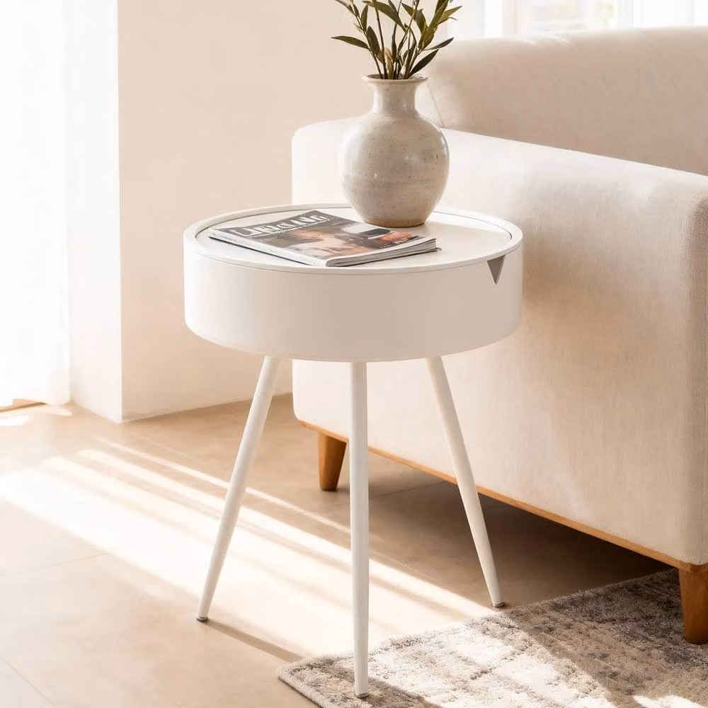 VOGREX Modern Round White Side Table and Bedside Nightstand – 3