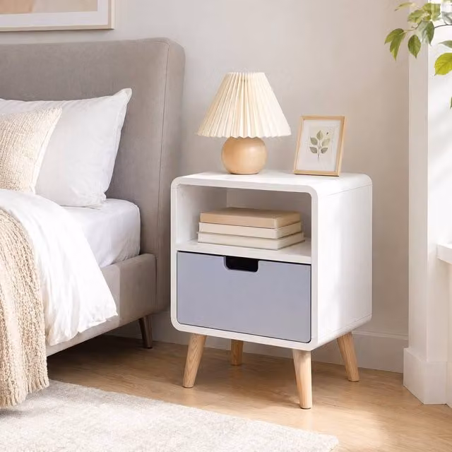 STILVORA Grey Bedside Cabinet with Drawer and Shelf – 1