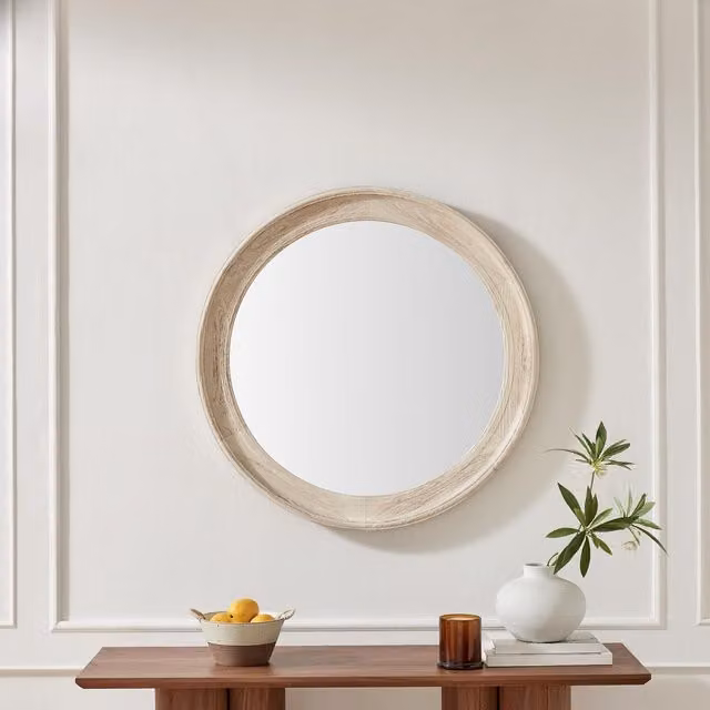 FurnitureboxUK Rebecca Round Oak Wood Wall Mirror, White, Diameter: 80 cm