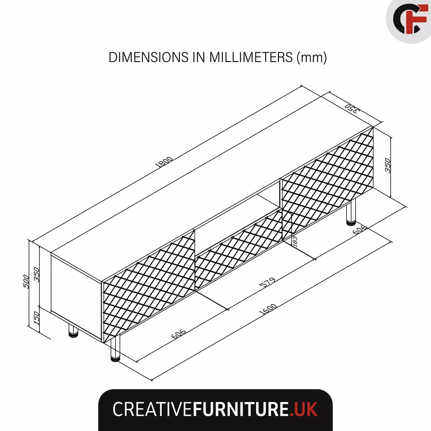 Creative Furniture Diamond Luxe TV Unit in Dark Grey with Push to Open Storage, W: 180 cm, D: 35 cm, H: 50 cm – 2