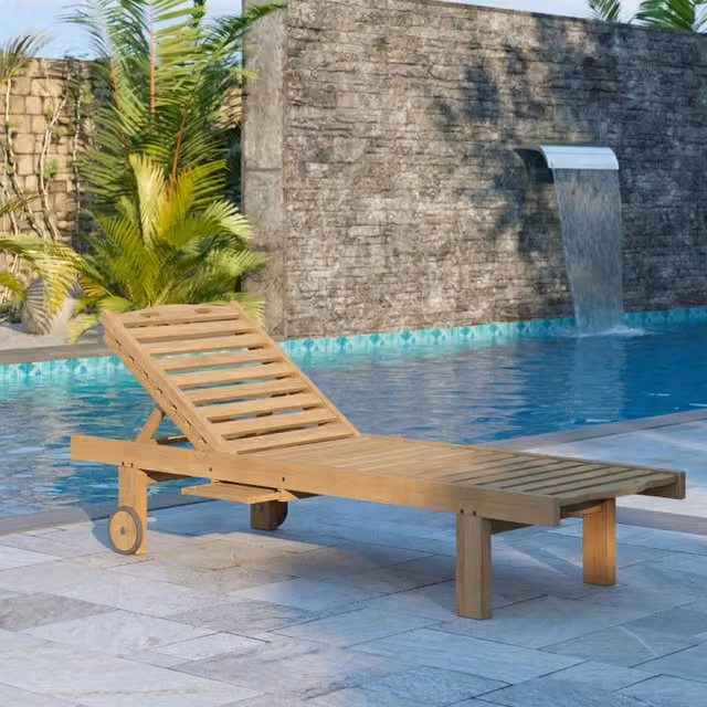 Eterna Home Solid Teak Wood Outdoor Garden Sun Lounger with Pull Out Table and Side Tray in Natural Brown
