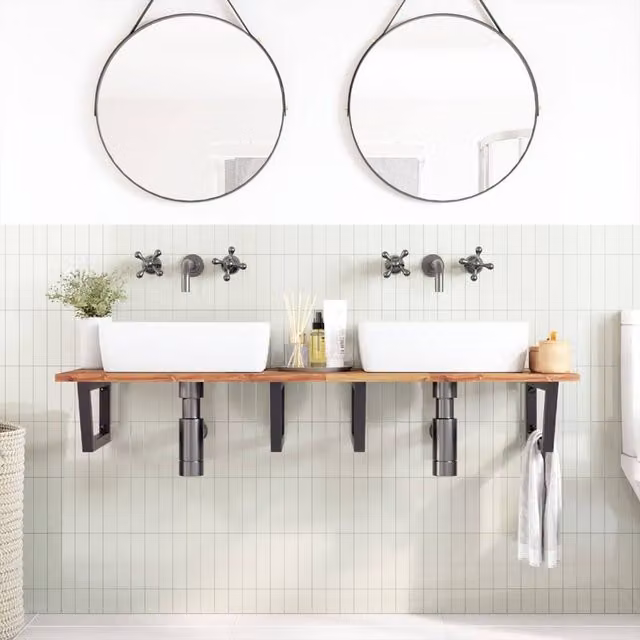 Berkfield Home Elegant Wall Mounted Basin Shelf in Brown Acacia Wood and Black Steel