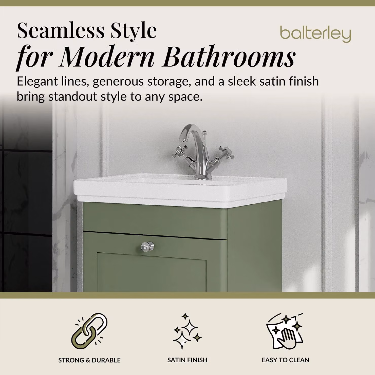 Balterley Wall Hung 1-Drawer Bathroom Vanity Unit and Fireclay Basin, Green, Width: 50 cm – 2