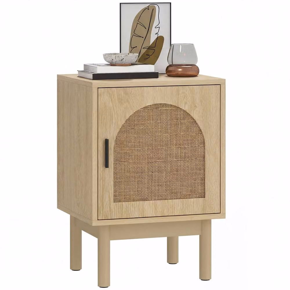 HOMCOM Boho Rattan Bedside Table with Adjustable Shelf, Beige – 2