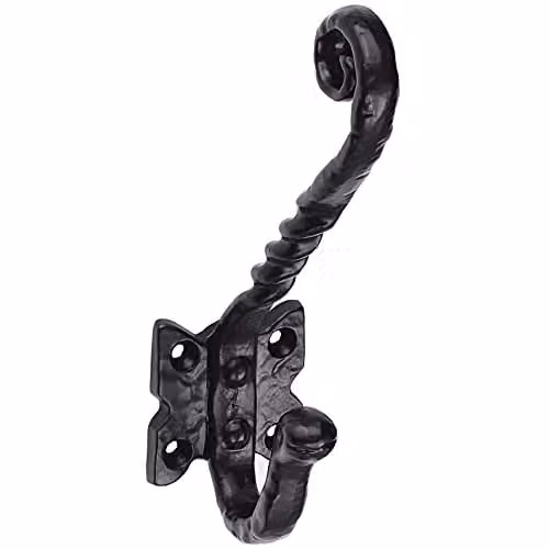 Loops Ornate Twisted Hat and Coat Hook on Butterfly Backplate, Black Antique, Projection: 8.2 cm – 1