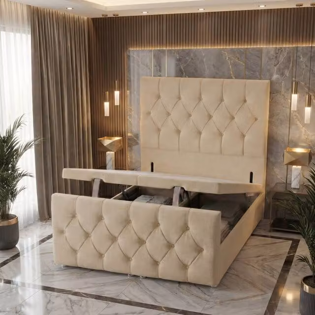 Somnior Ziggy Double Storage Ottoman Divan Base with 54 inch Headboard and 22 inch Footboard in Beige Linen Fabric, W/D/H: 140 x 200 cm – 1