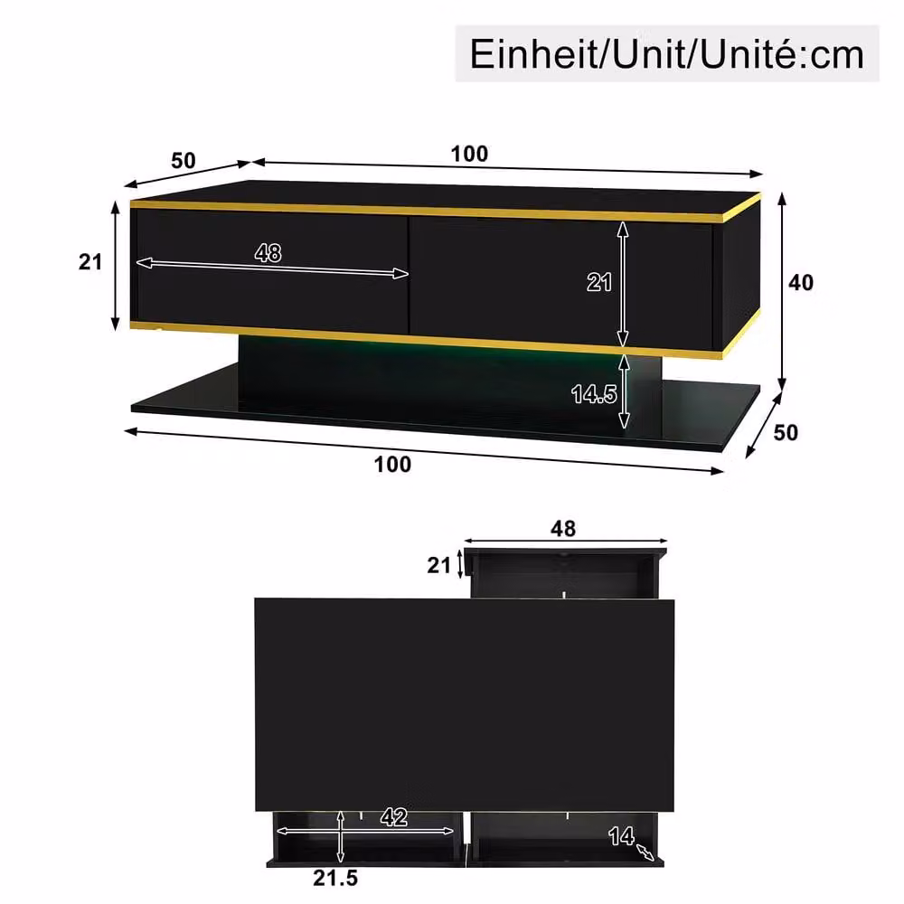 Merax Modern High-Gloss Coffee Table with Gold Accents and LED Lighting in Black and Gold, W/D/H: 100 x 50 x 40 cm – 3