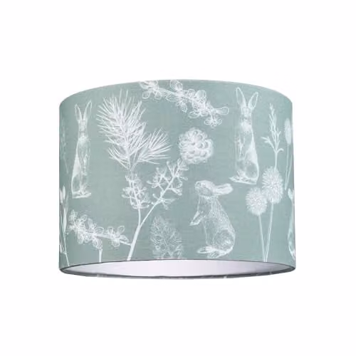 Happy Homewares Modern Woodland Themed Sage Green and White Cotton Cylinder Lampshade with Hares and Thistle Floral Decoration, W/D/H: 25 x 18 x 25 cm