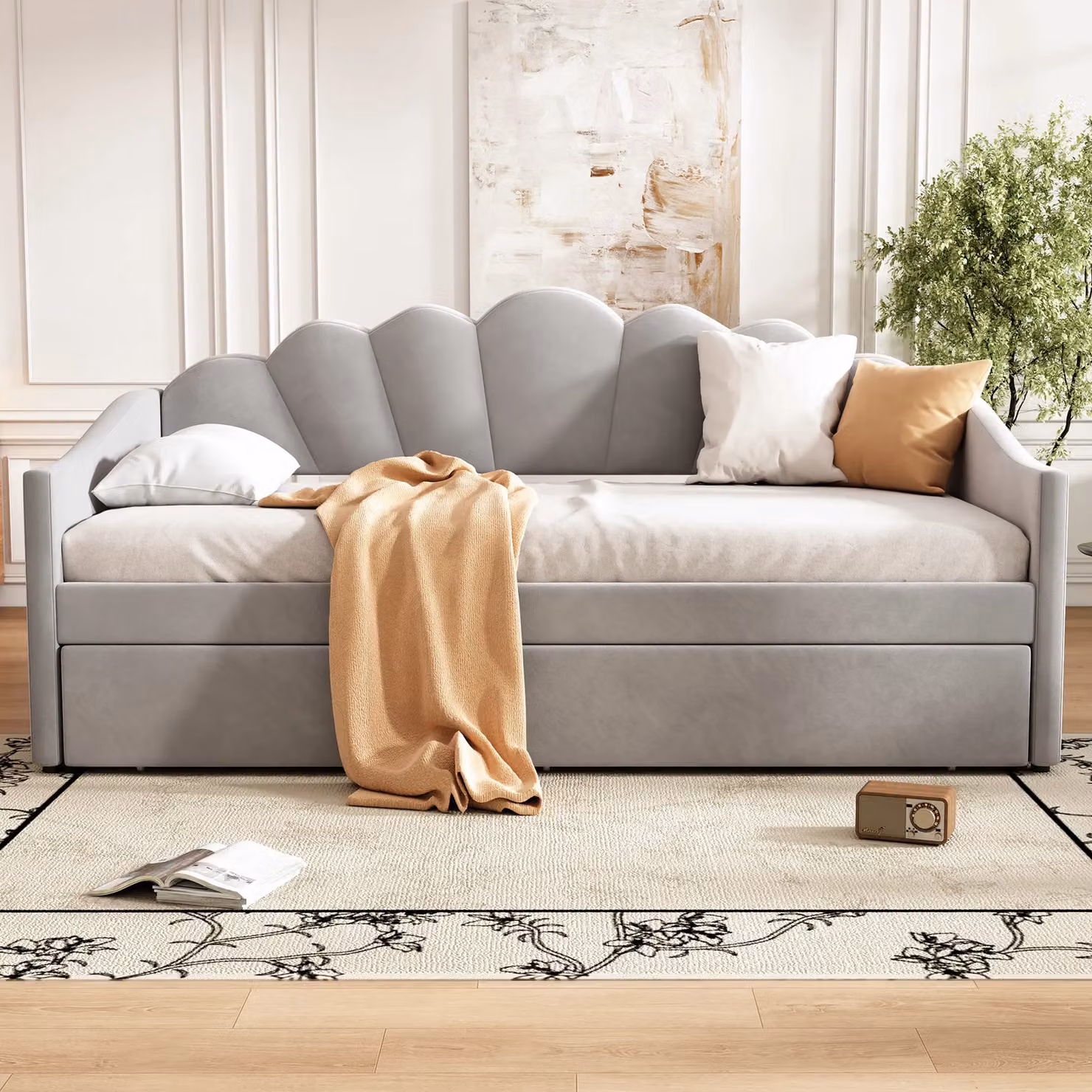 Matteo Grey Velvet Upholstered Single Bed with Trundle, W/D/H: 90 x 190 cm – 2