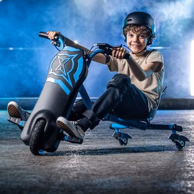 Xootz Cyclone 24v Electric Drift Trike Go Kart in Blue and Black with Height Adjustable Handlebar and Rechargeable Battery