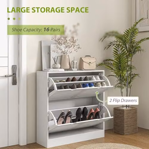 HOMCOM White Narrow Entryway Shoe Cabinet with 2 Tilting Compartments and Internal Shelves – 2