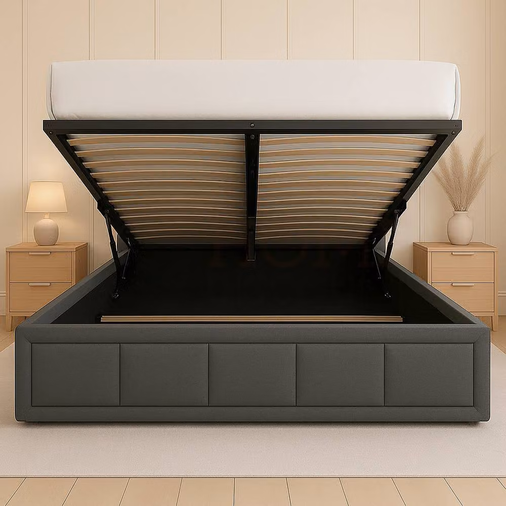 HD Designs Vanita Upholstered Ottoman Storage Bed Frame in Dark Grey Linen Fabric, Size: 180 x 200 cm – 2