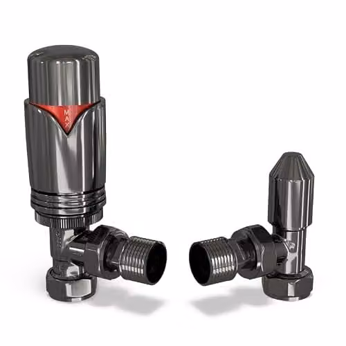 UK Radiators Black Nickel Thermostatic Radiator Valve and Angled Lockshield Valve Set with Thermostat – 1