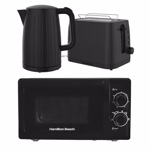 Hamilton Beach Stealth Kitchen Set in Black with 1.7L Kettle, 2 Slice Toaster and 20L Stainless Steel Cavity Microwave – 3