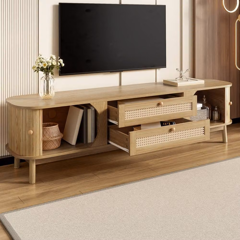 Matteo Rustic Brown and Beige Natural Wood and Rattan TV Cabinet with Sliding Doors and Drawers – 4