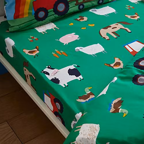 Catherine Lansfield Farmyard Animals Junior Polycotton Fitted Sheet, Green, W: 70 cm, D: 140 cm, H: 15 cm – 2