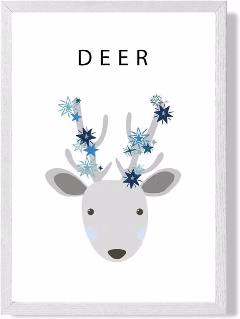 ARTZE Cute Deer with Blue Stars Framed Paper Poster in White and Pale Blue, A4 – 1
