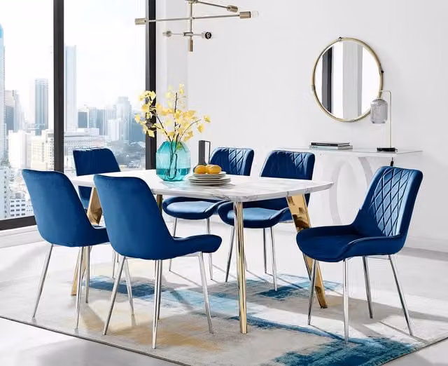 FurnitureboxUK Andria Gold Leg Marble Effect Dining Table and 6 Pesaro Silver Leg Chairs in Blue
