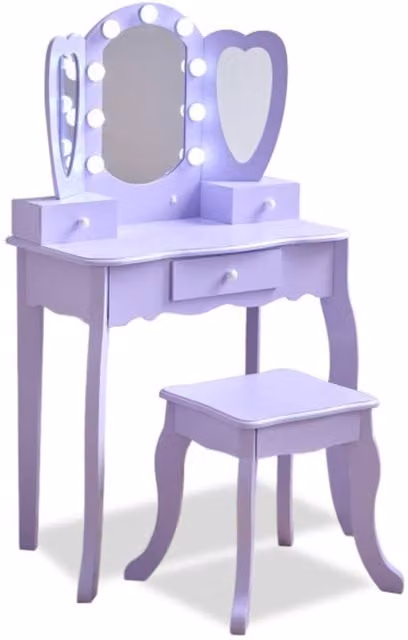 Teamson Kids Heart Vanity Table with LED Mirror, Stool and Drawers in Purple