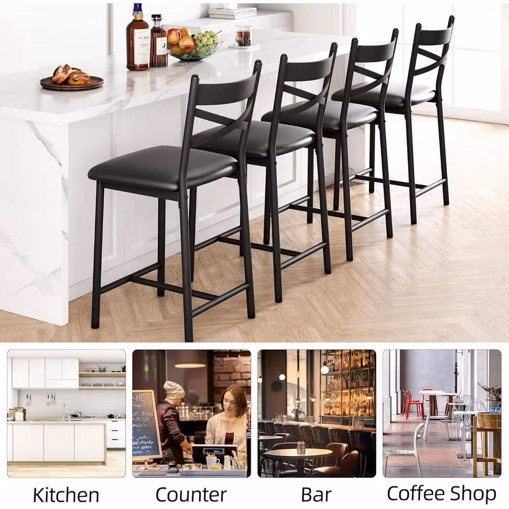 VOGREX Set of 2 Black Synthetic Leather Counter Height Bar Stools with Metal Legs – 5