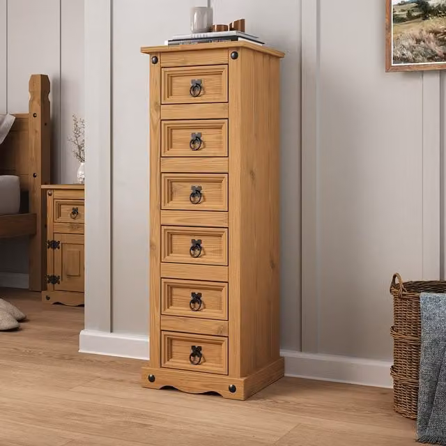 Mews Rustic Pine 6 Drawer Narrow Chest of Drawers in Brown and Black