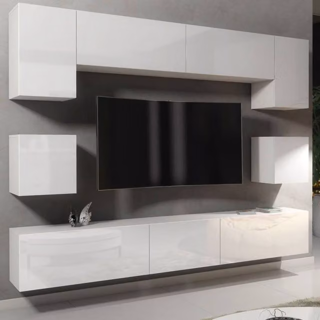 Mex Furniture LTD Panorama Wall Mounted TV Unit in White with Glossy Hinged Doors, W: 242 cm, H: 35 cm, D: 207 cm – 1