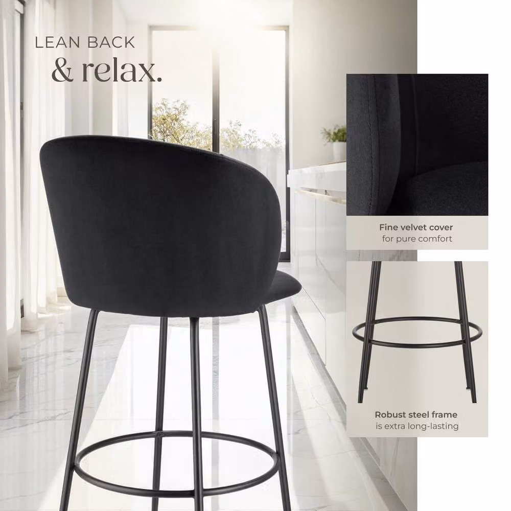 tectake Luana Bar Stool Set of 2, Black Velvet and Metal – 4