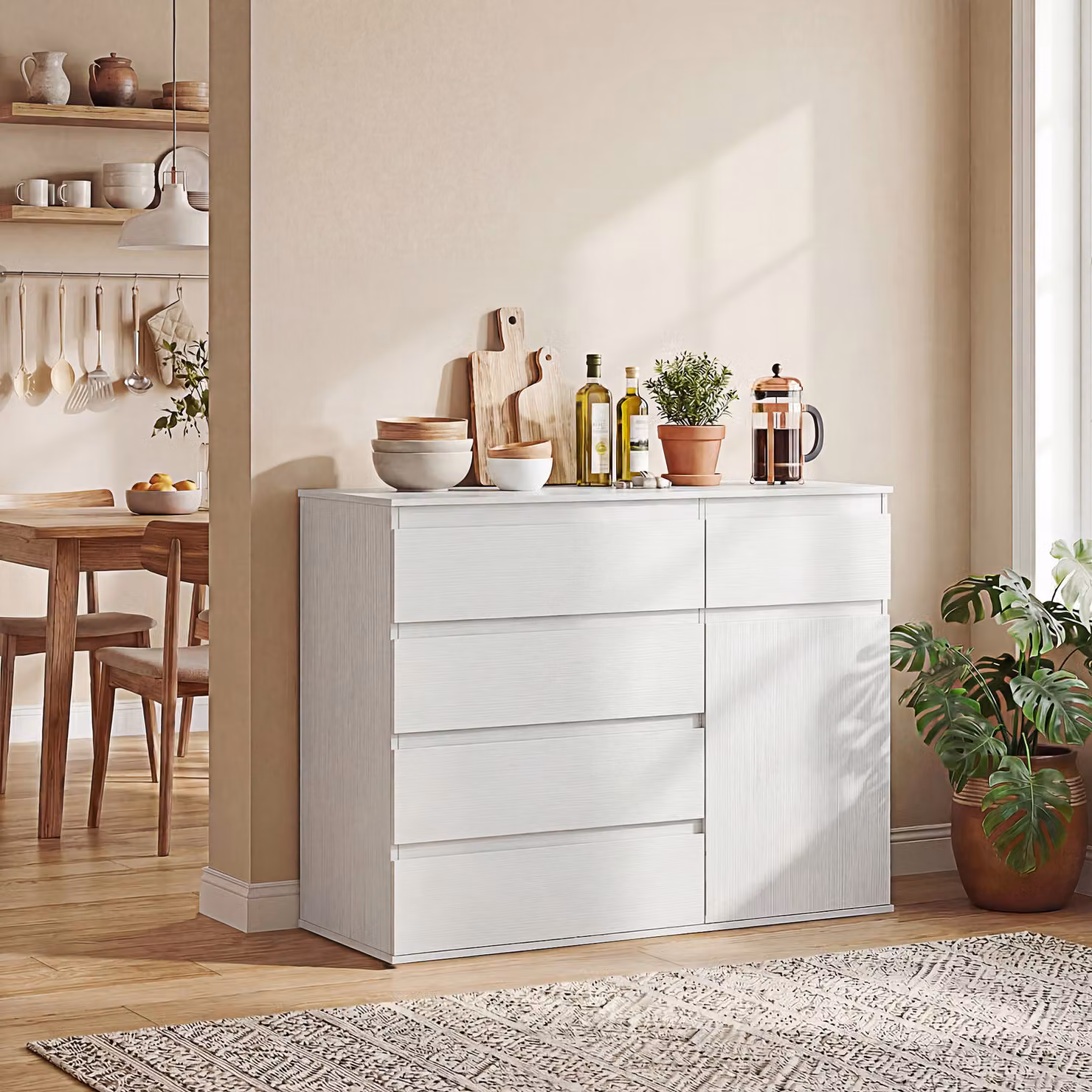 HOMCOM Modern White Sideboard Storage Cabinet with 5 Drawers and Adjustable Shelf – 2