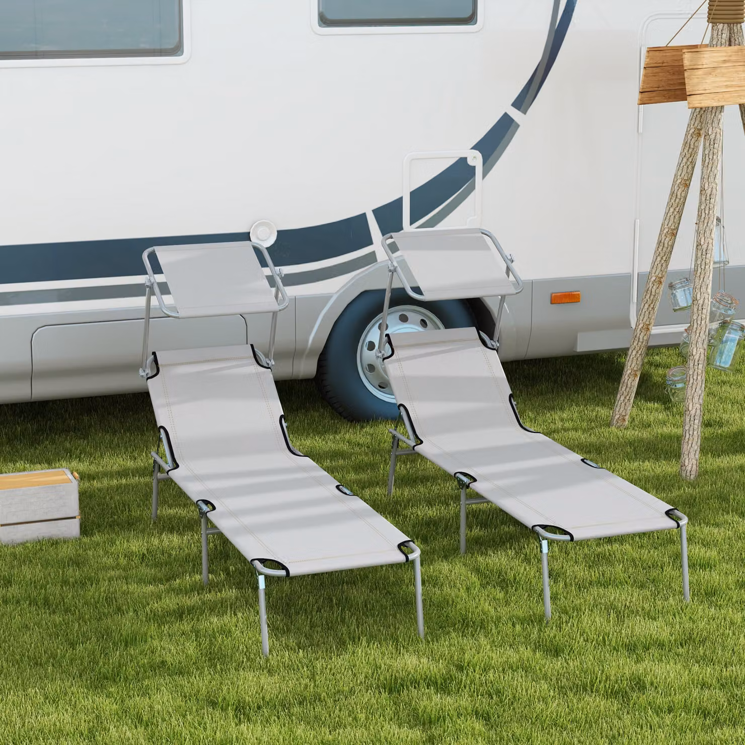 Outsunny Set of 2 Grey Outdoor Foldable Sun Loungers with 4-Level Adjustable Backrest and Sun Shade Awning – 2