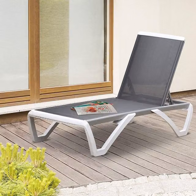 Outsunny Grey Outdoor Lounger with Adjustable Headrest and Castors, Powder Coated Aluminium and Textilene