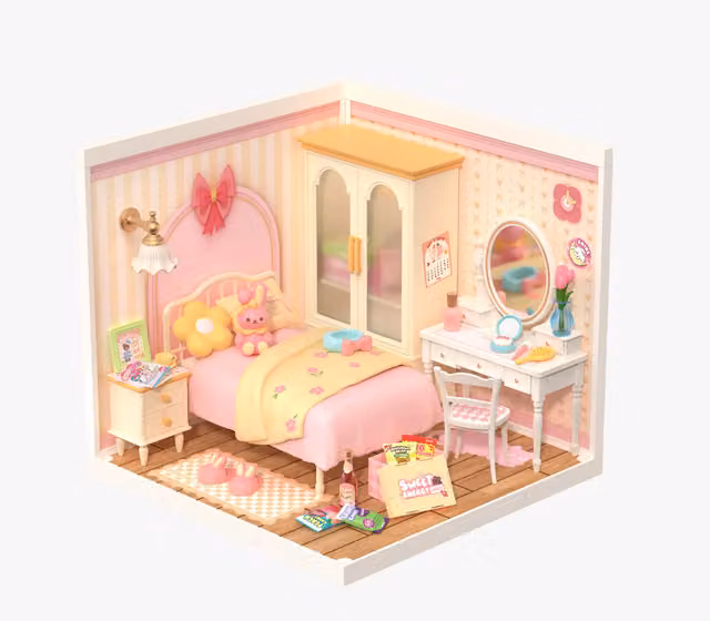 Robotime Pink Bedroom 3D Puzzle Miniature Plastic Dollhouse Model Kit
