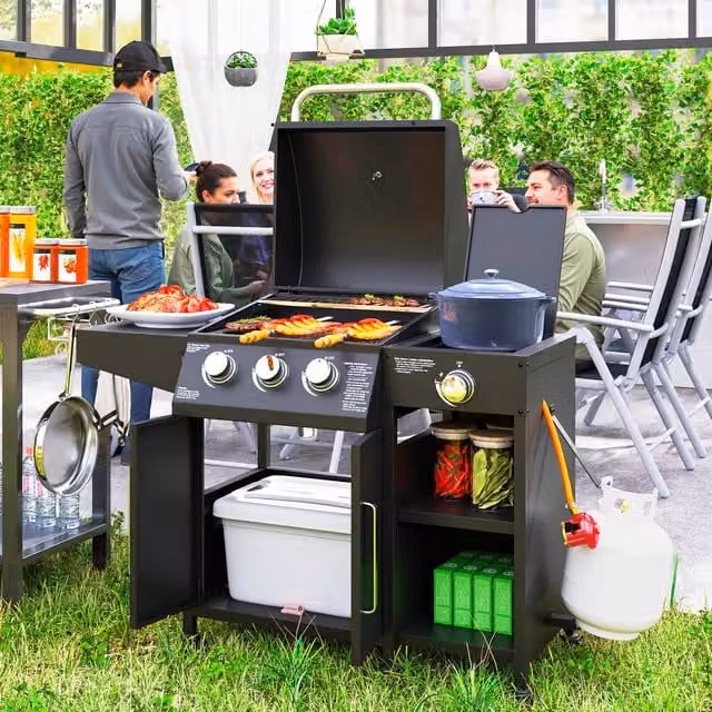 Outsunny 3-Burner Gas BBQ Grill with Cabinet, Shelves and Side Burner in Black