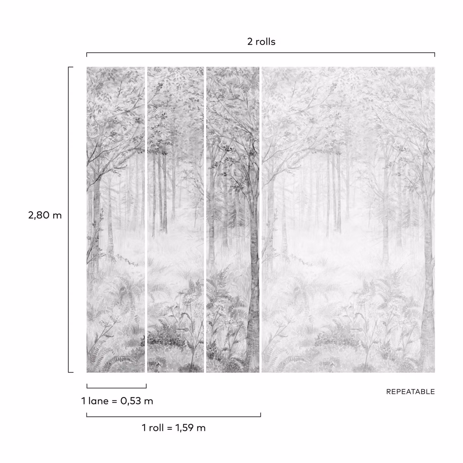 Grandeco Fairytale Trees Grey Nature Mural, W: 280 cm, H: 159 cm – 2