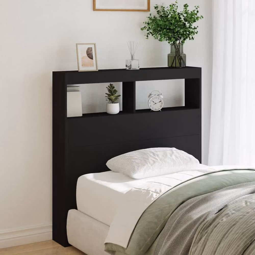 Berkfield Home Modern Wall Mount Headboard Cabinet in Matt Black with Integrated LED Lighting, Shelf and USB Charging Port, W/D/H: 100 x 17 x 102 cm – 1