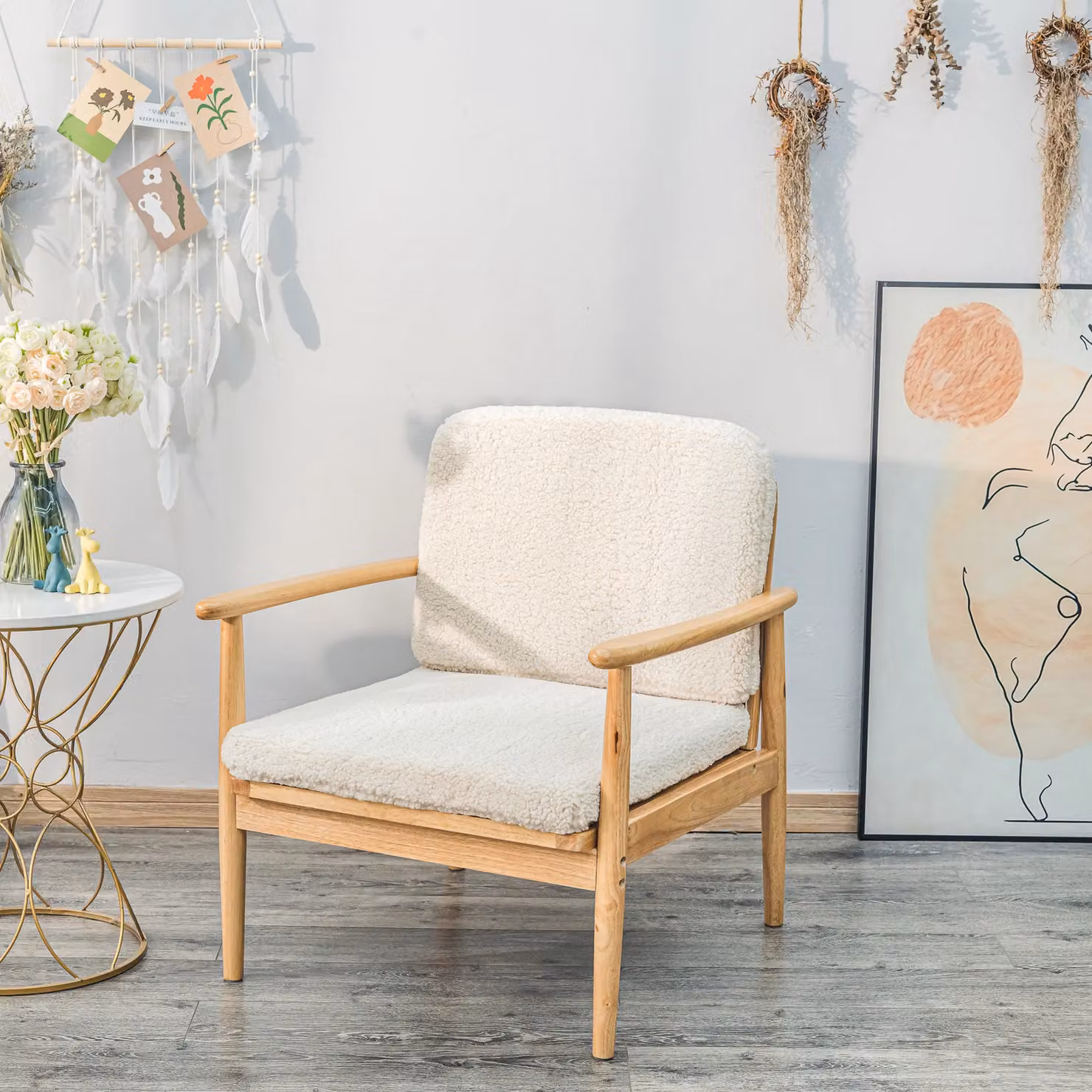 Nordlys Scandinavian Lounge Armchair with Solid Wood Frame and White Bouclé Fabric – 2