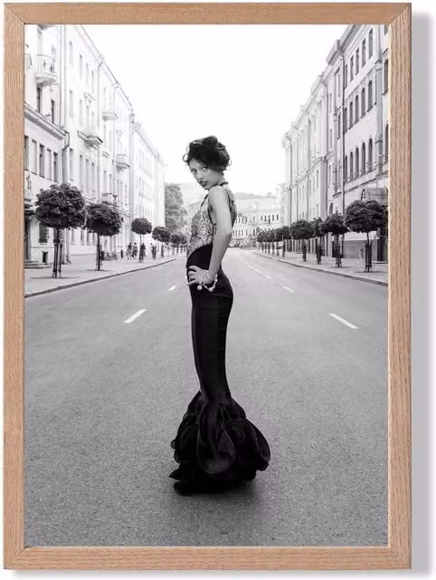 ARTZE Woman in Paris Street Fashion Black and White Photo Framed Print with Oak Frame