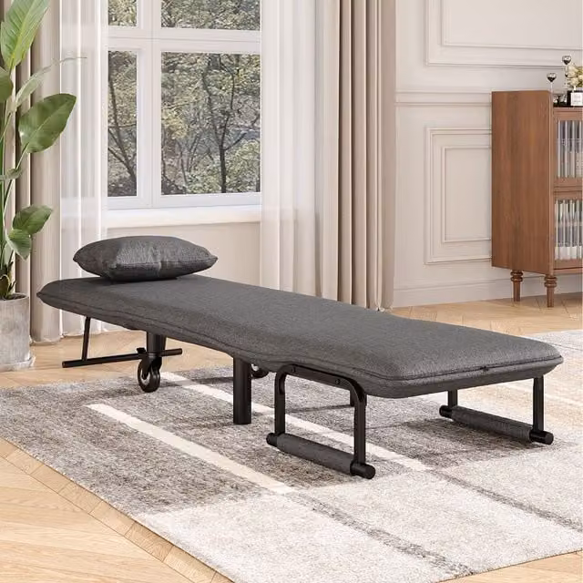 Komore Modern Upholstered Foldable Linen Sofa Bed in Grey with Black Metal Legs