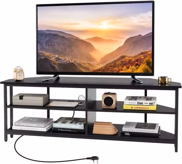 NESTLUNE Modern Black Metal Corner TV Stand with Media Compartments W/D: 100 x 15 cm