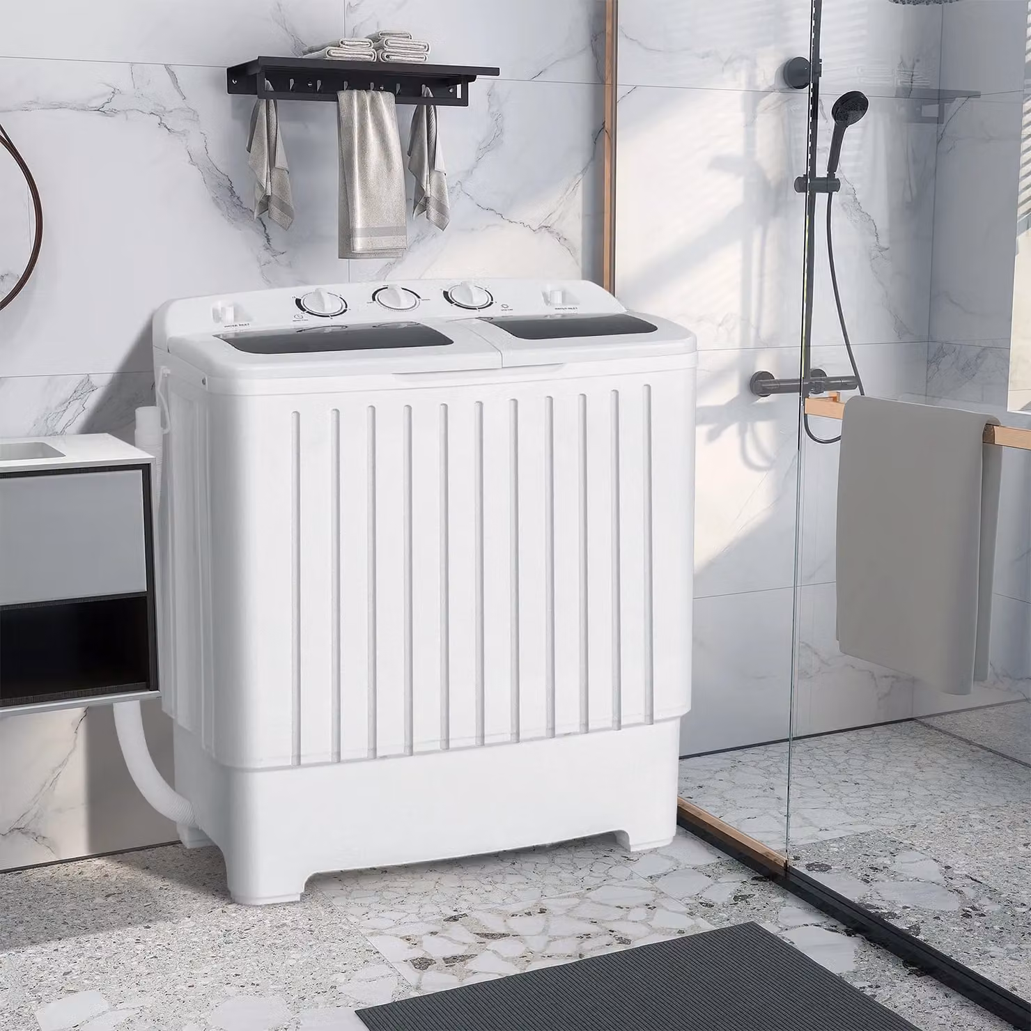 Costway Twin Tub Mini Washing Machine and Dryer, White and Multicolour, 5kg Wash and 3kg Dry Capacity – 2