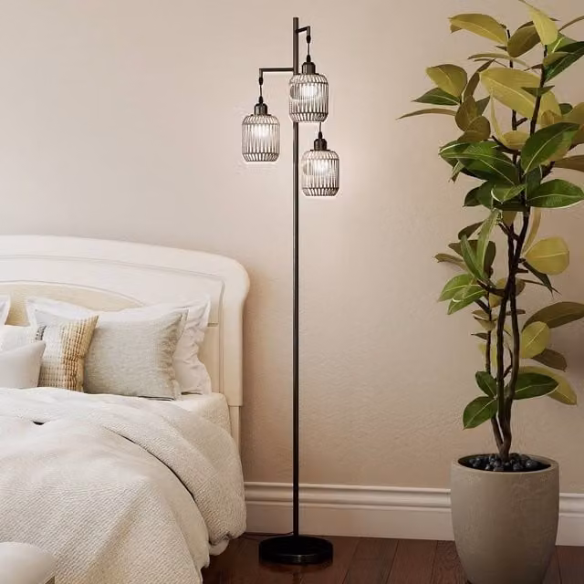 Costway 3-Light Farmhouse Floor Lamp in Black with Foot Switch, Height: 173 cm