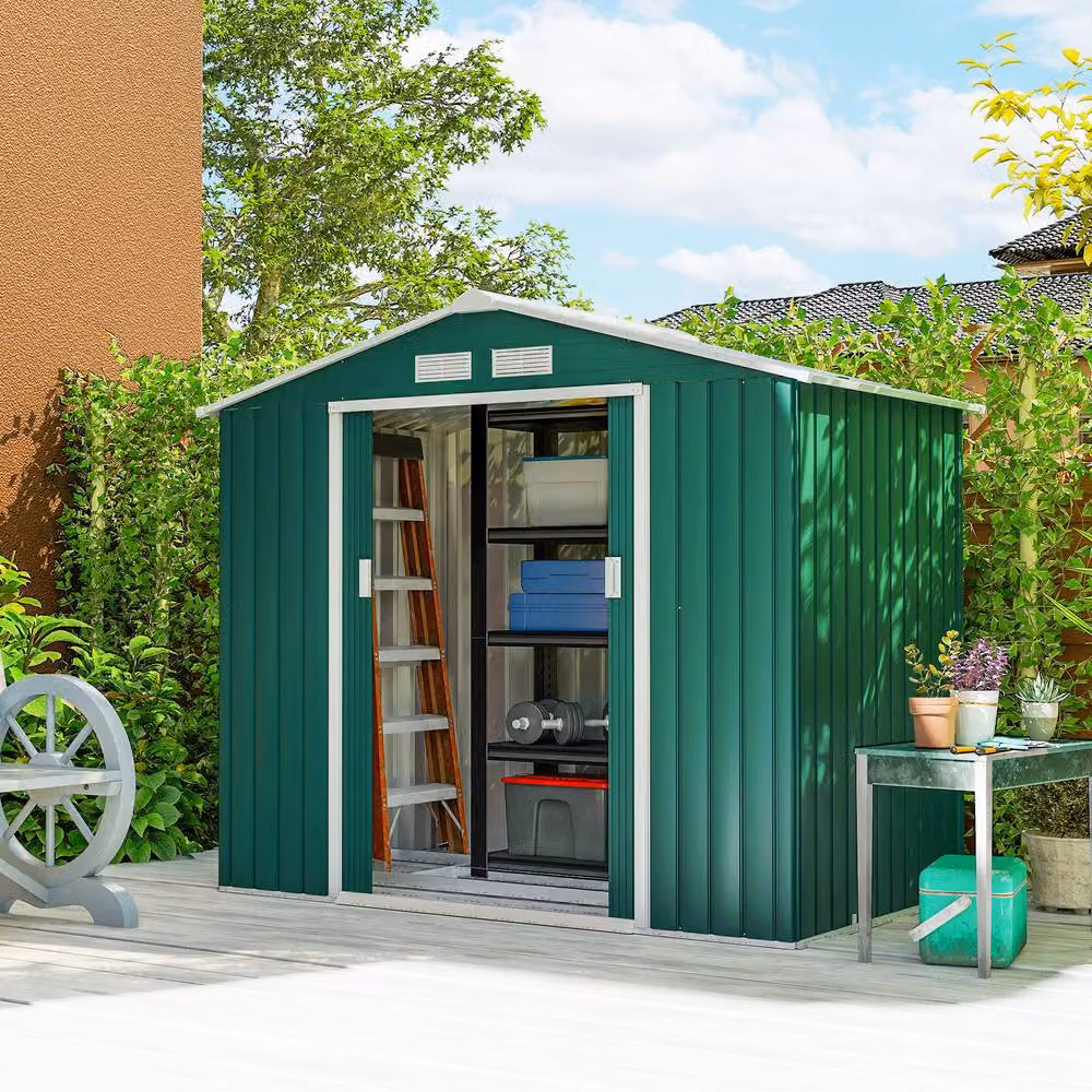 Rolipo Green Metal Garden Shed with Foundation Kit and Double Doors, W/D/H: 213.36 x 121.92 x 185.0 cm – 2