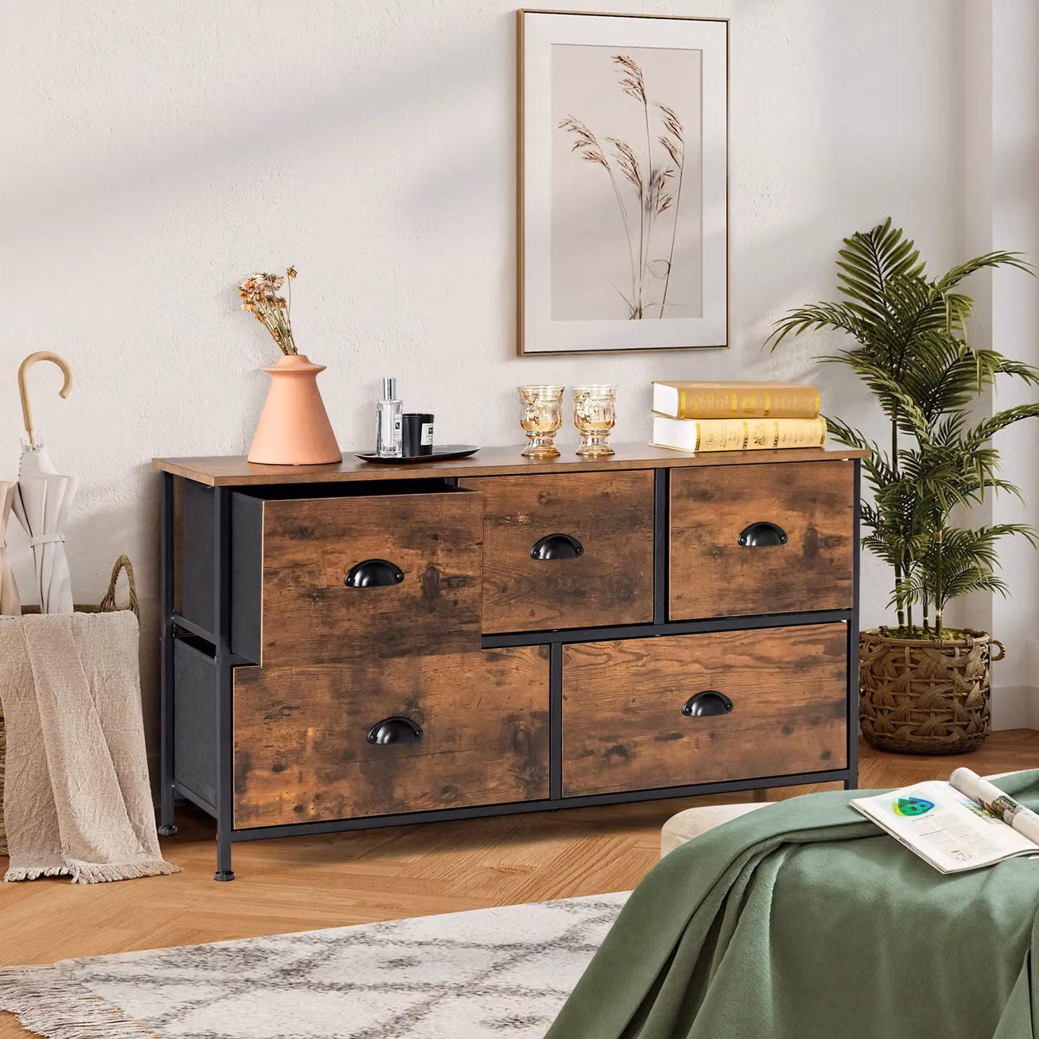 Costway 2-Tier Fabric Storage Organizer with 5 Drawers, Brown Chest of Drawers – 2