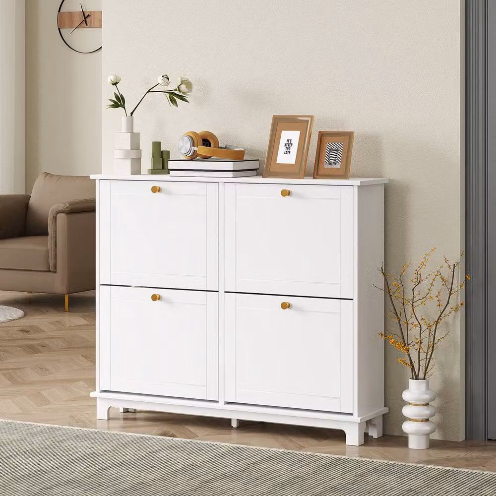 HOMCOM Narrow White Shoe Cabinet with 4 Tilting Compartments and Internal Shelves – 2