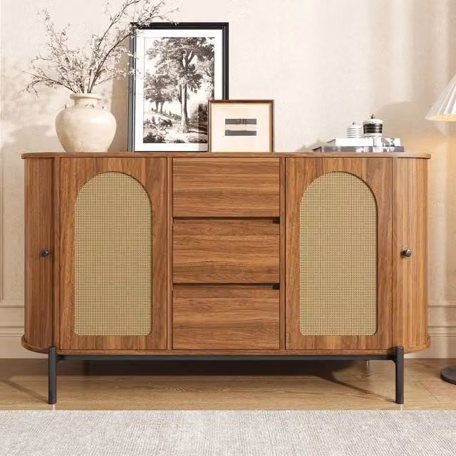 Rolipo Walnut Rattan Sideboard with Sliding Doors, Brown and Black Buffet Cabinet